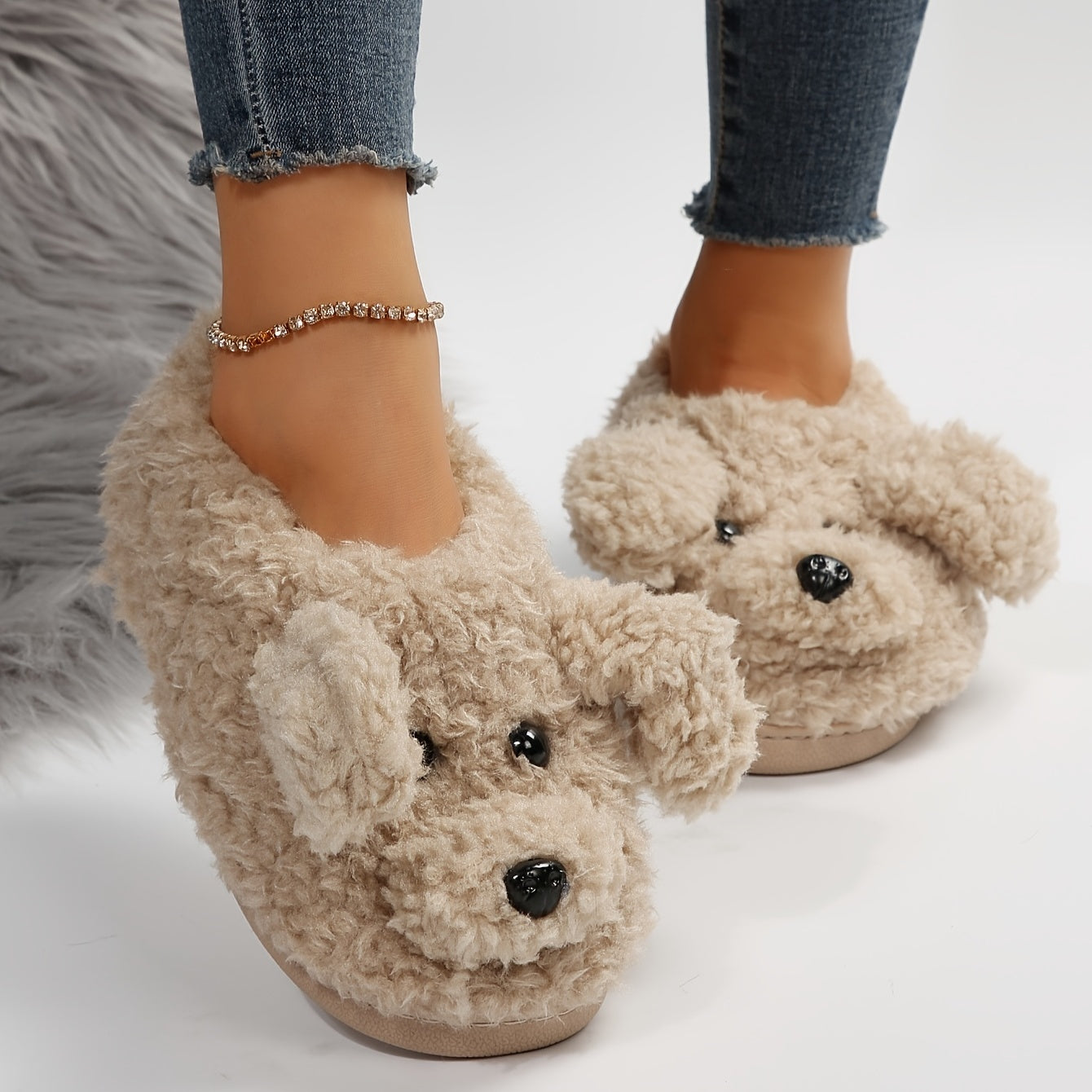 Cute Cartoon Puppy Novelty Slippers, Winter Slip On Warm Home Shoes, Cozy Closed Toe Novelty Slippers