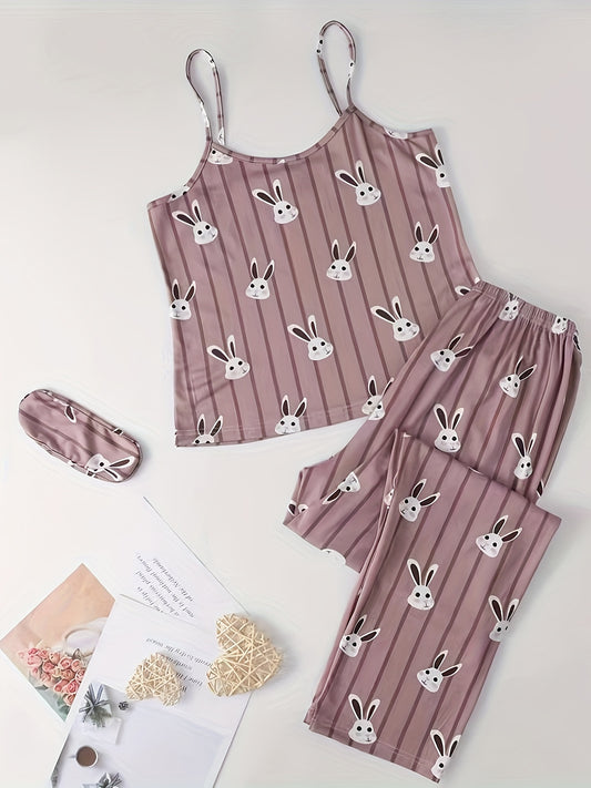 Cute Bunny & Stripe Print Pajama Set For Easter, Round Neck Backless Cami Top & Elastic Pants, Women's Sleepwear