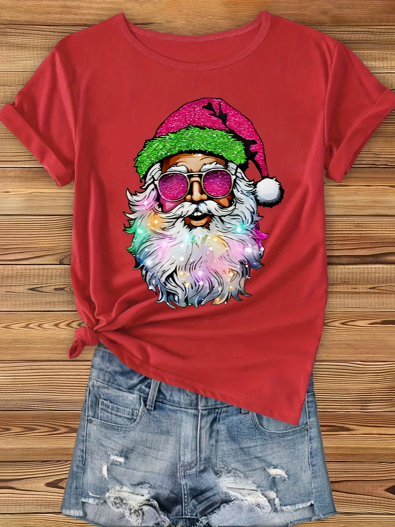 Christmas Santa Claus Print T-shirt, Casual Crew Neck Short Sleeve Daily Top, Women's Clothing