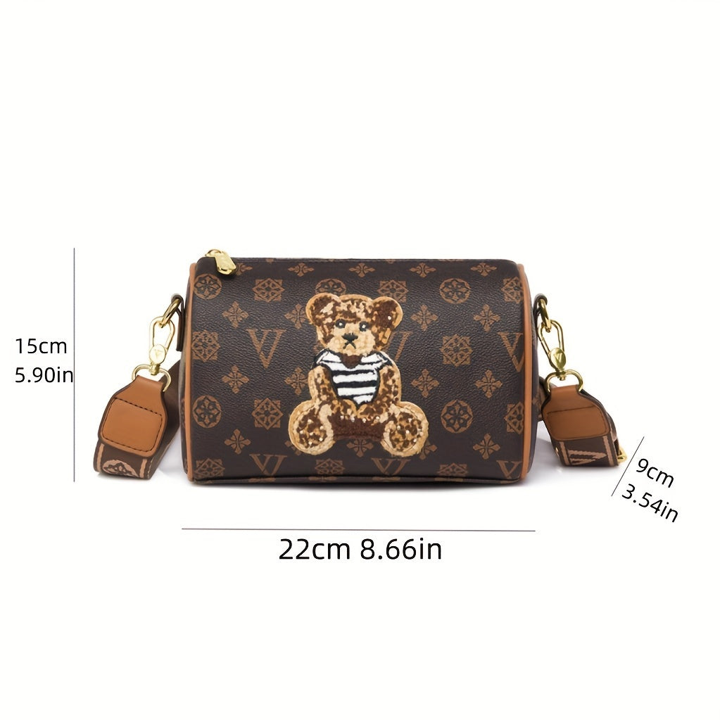 Cute Little Bear Crossbody Bag, Retro Printed Shoulder Bag, Women's Mini Zipper Purse For Every Day