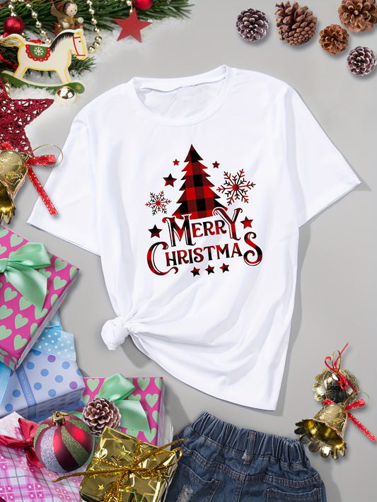 Christmas Tree & Letter Print T-Shirt, Casual Crew Neck Short Sleeve T-Shirt, Women's Clothing