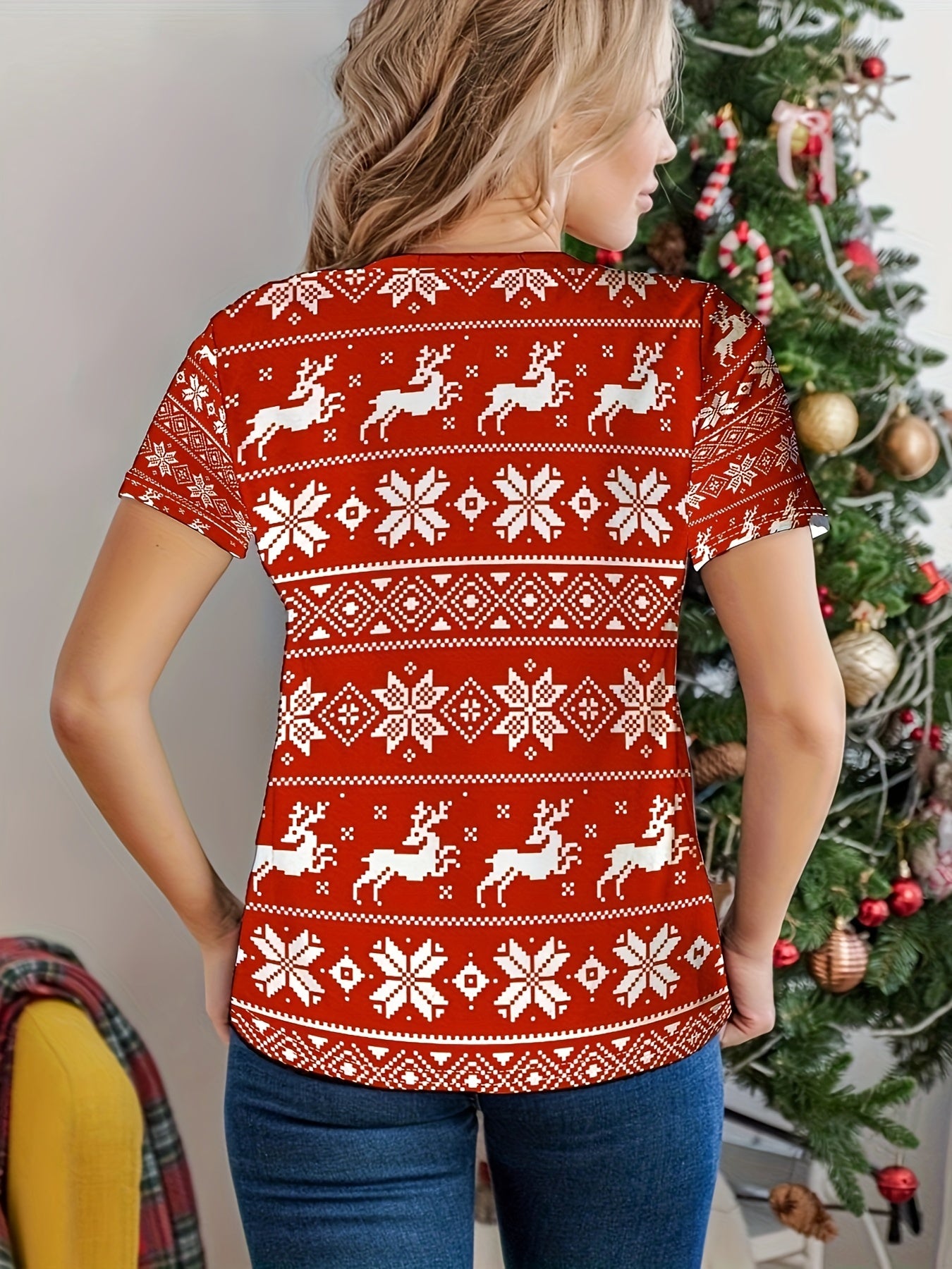 Christmas Santa Claus Print T-Shirt, Casual Crew Neck Short Sleeve Top For Spring & Summer, Women's Clothing