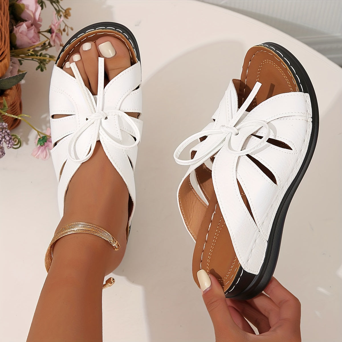 Women's Solid Color Platform Sandals, Lace Up Trendy Soft Sole Slides, Versatile Summer Wedge Slides Shoes