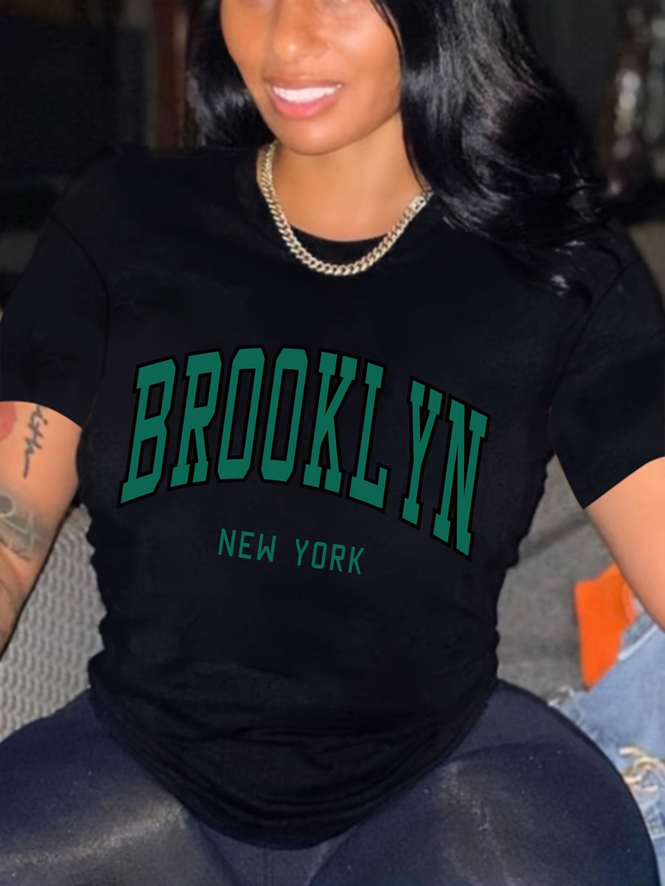 Brooklyn Letter Print Crew Neck T-shirt, Casual Short Sleeve Drop Shoulder Top, Women's Clothing