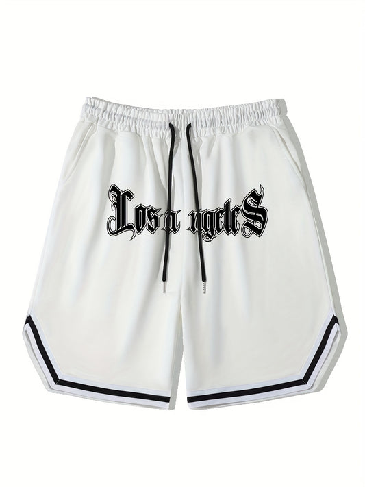 Men's Los Angeles Print Basketball Shorts, Casual Slightly Stretch Drawstring Shorts For Workout Outdoor, Men's Clothing For Summer