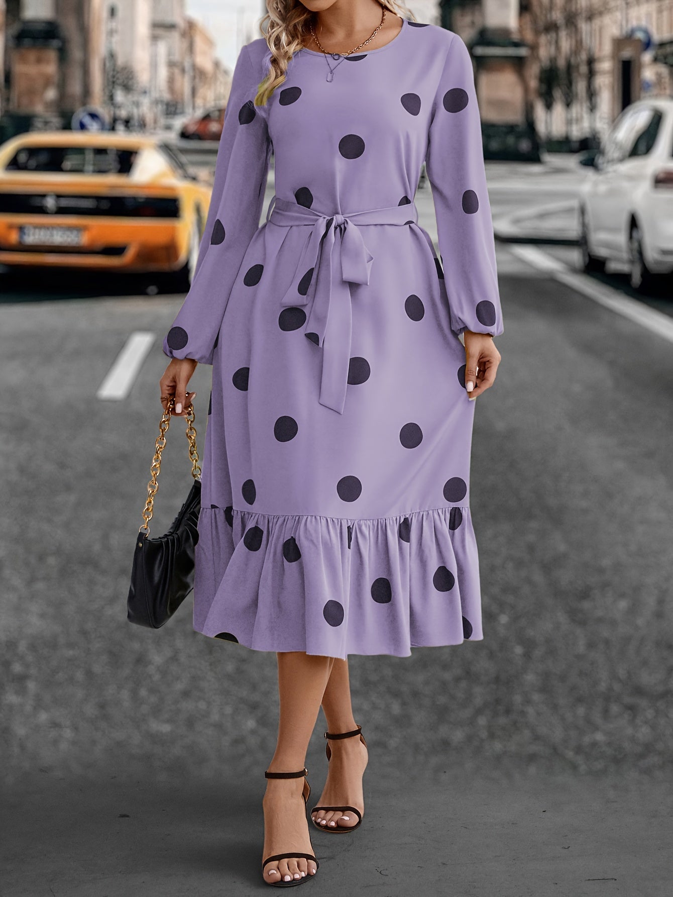 Plus Size elegant Dress, Women's Plus Dot Print Long Sleeve Round Neck Ruffle Trim Midi Dress With Belt