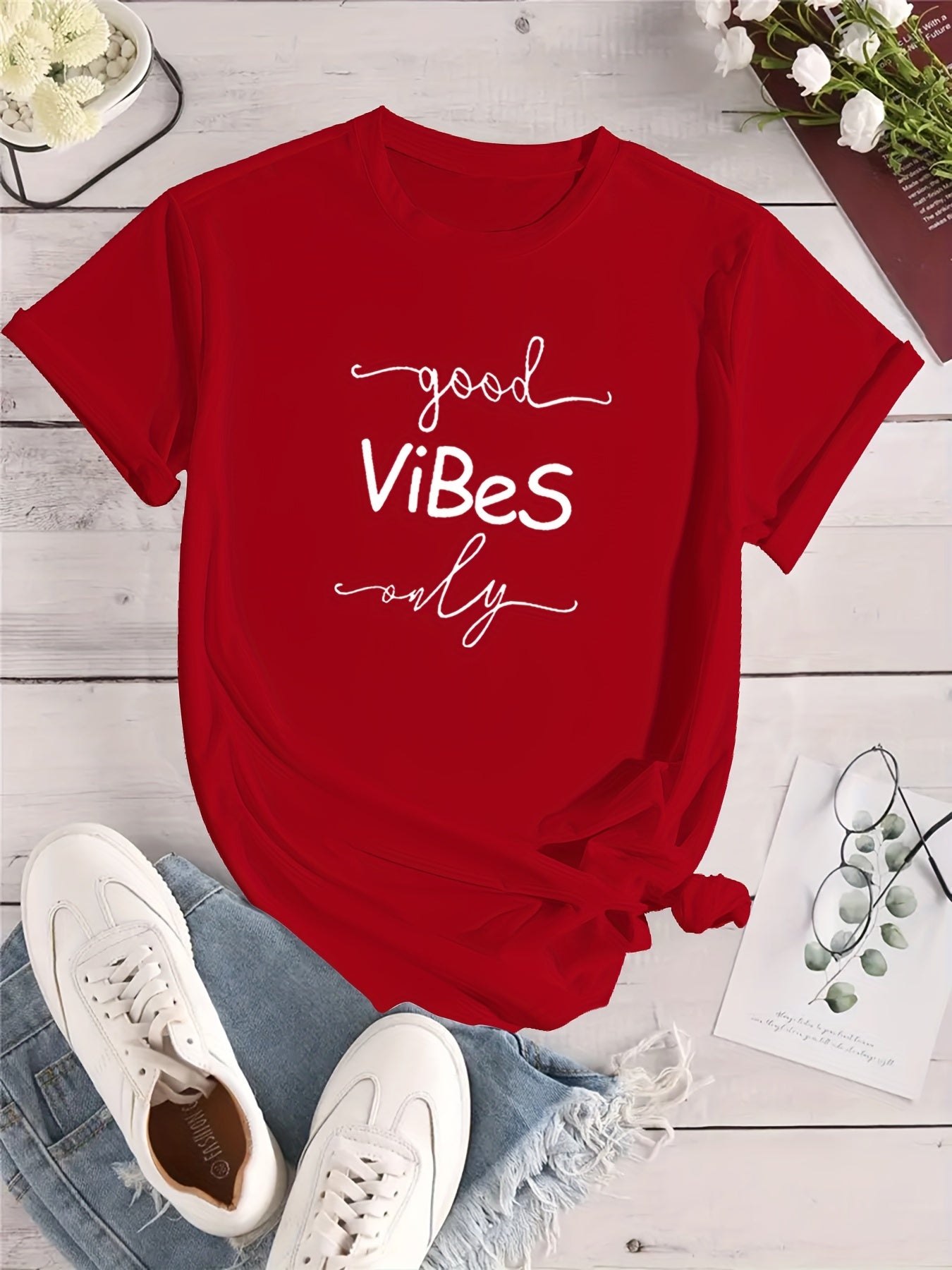 Good Vibes Letter Print T-shirt, Maglietta Casual A Girocollo A Maniche Corte, Abbigliamento Da Donna