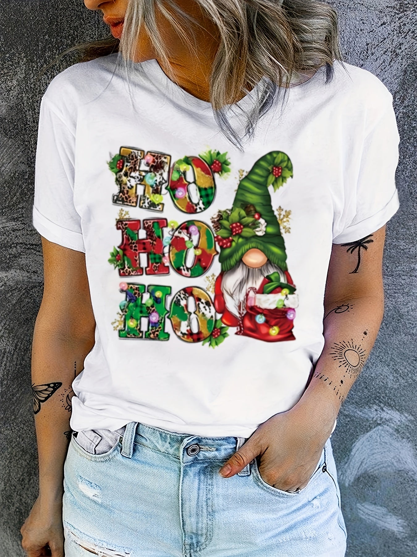 Christmas Gnomes Print T-shirt, Casual Short Sleeve Crew Neck Top, Women's Clothing