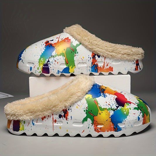 Splashed Paint Print Cozy House Slippers Anti-skid Slip-on Shoes Indoor For Men Winter Shoes Fuzz-lined Clogs