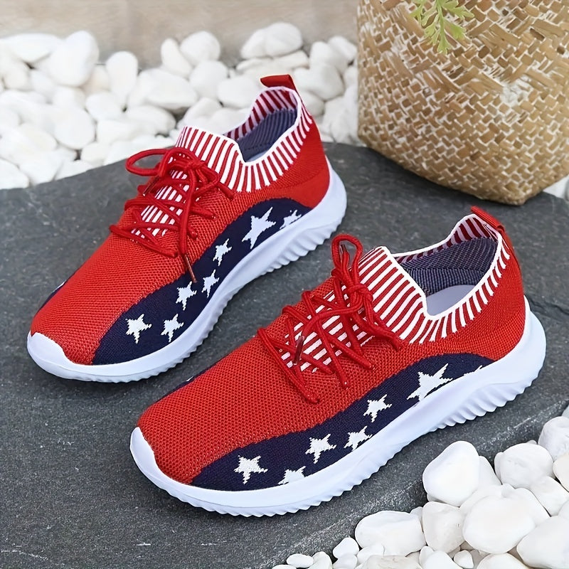 Women's Star Pattern Sneakers, Casual Lace-up Running Shoes, Breathable Knitted Sports Shoes