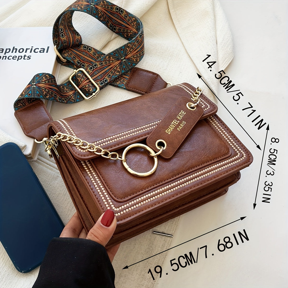 Retro Textured Embroidery Square Bag, Classic Women's Shoulder Bag With Vintage Pattern Wide Strap