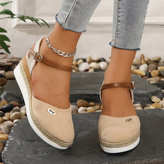 Women's Soldi Color Trendy Sandals, Ankle Buckle Strap Platform Comfy Shoes, Closed Toe Versatile Wedge Shoes