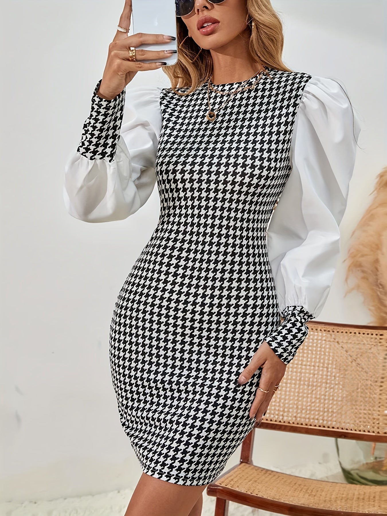 Plaid Print Color Block Splicing Dress, Elegant Long Sleeve Bodycon Dress For Spring & Fall, Women's Clothing