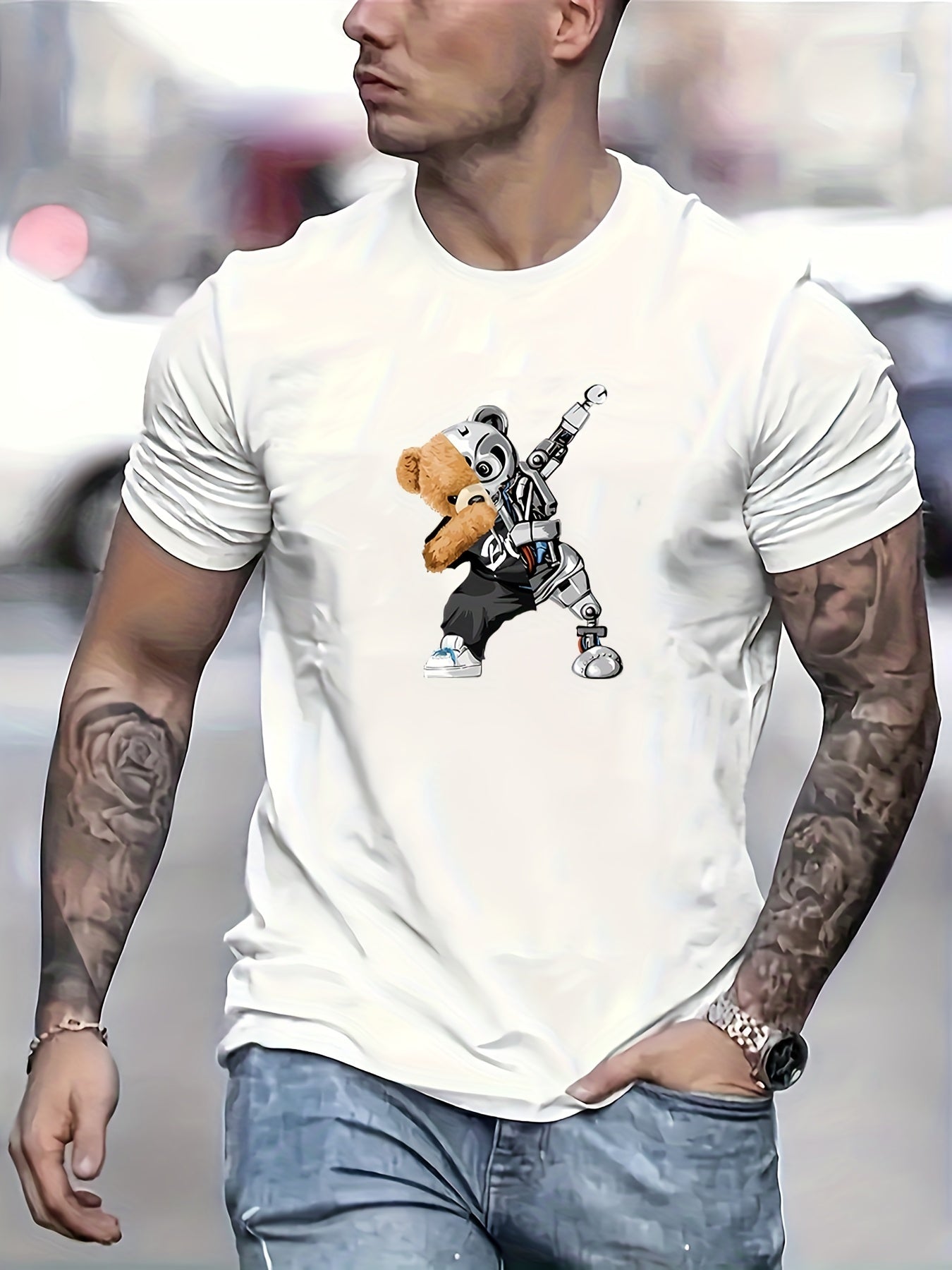 Robot Bear Pattern T-shirt, Men's Casual Street Style Stretch Round Neck Tee Shirt For Summer