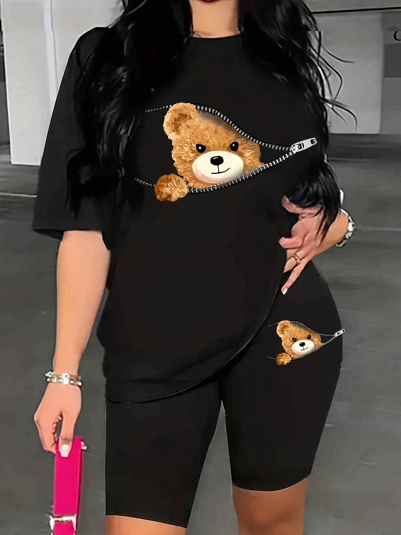 Casual Cartoon Bear Print Two Pieces, Short Sleeve T-shirt & Biker Shorts Outfits, Women's Clothing