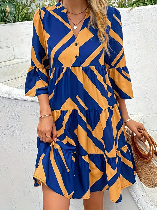 Color Block Ruffle Hem Dress, Elegant 3/4 Sleeve Dress For Spring & Fall, Women's Clothing