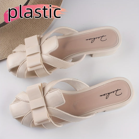 Women's Solid Color PVC Sandals, Slip On Closed Toe Bowknot Decor Slides, Comfort Breathable Daily Block Heels