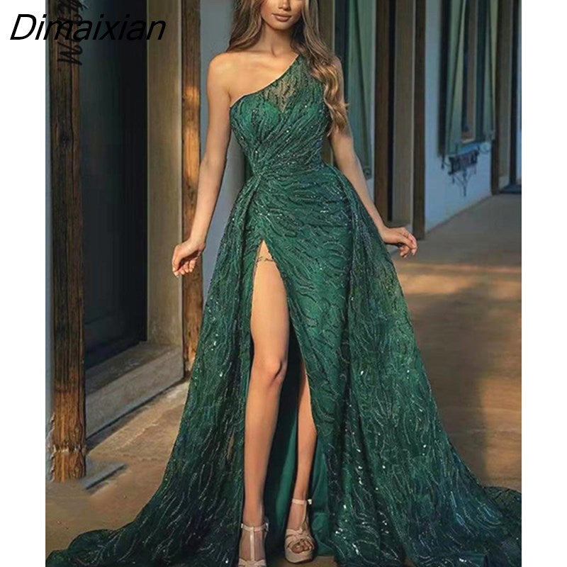 Dimaixian Women Fashion Sequin Off Shoulder High Split Dresses Female Inclined Shoulder Maxi Dress Lady Backless Party Evening Long Dress