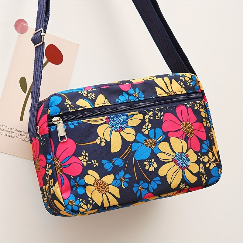 Fashion Flower Crossbody Bag, Multi Layer Shoulder Bag, Casual Nylon Messenger Bag