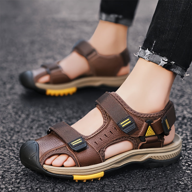 Men's Stitching Casual Closed Toe Slip On Sandals, Breathable Anti-skid Summer Beach Sandals With Hook & Loop Fasteners For Outdoor