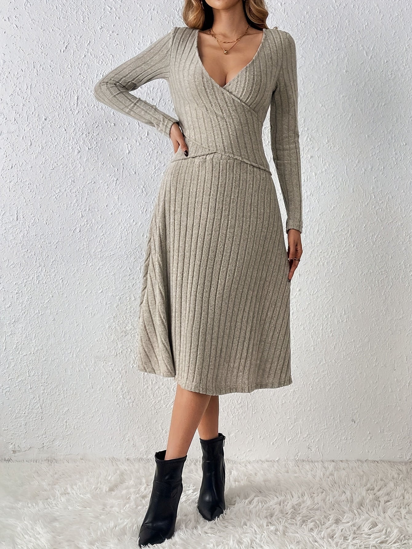 Solid Ribbed Elegant Skirt Set, Surplice Neck Crisscross Front Long Sleeve Slim T-shirt & High Waist Flared A-line Skirt Outfits, Women's Clothing