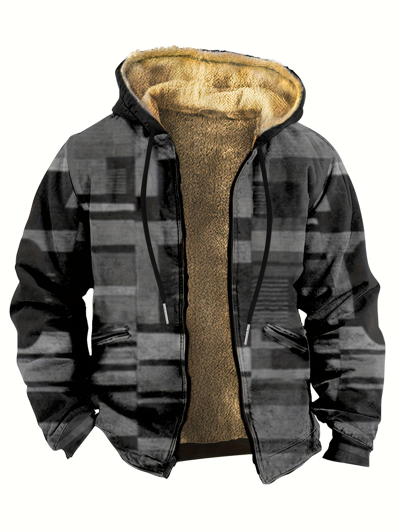 Retro Color Block Pattern Men's Casual Hooded Warm Fleece Zipper Coat For Fall Winter Outdoor