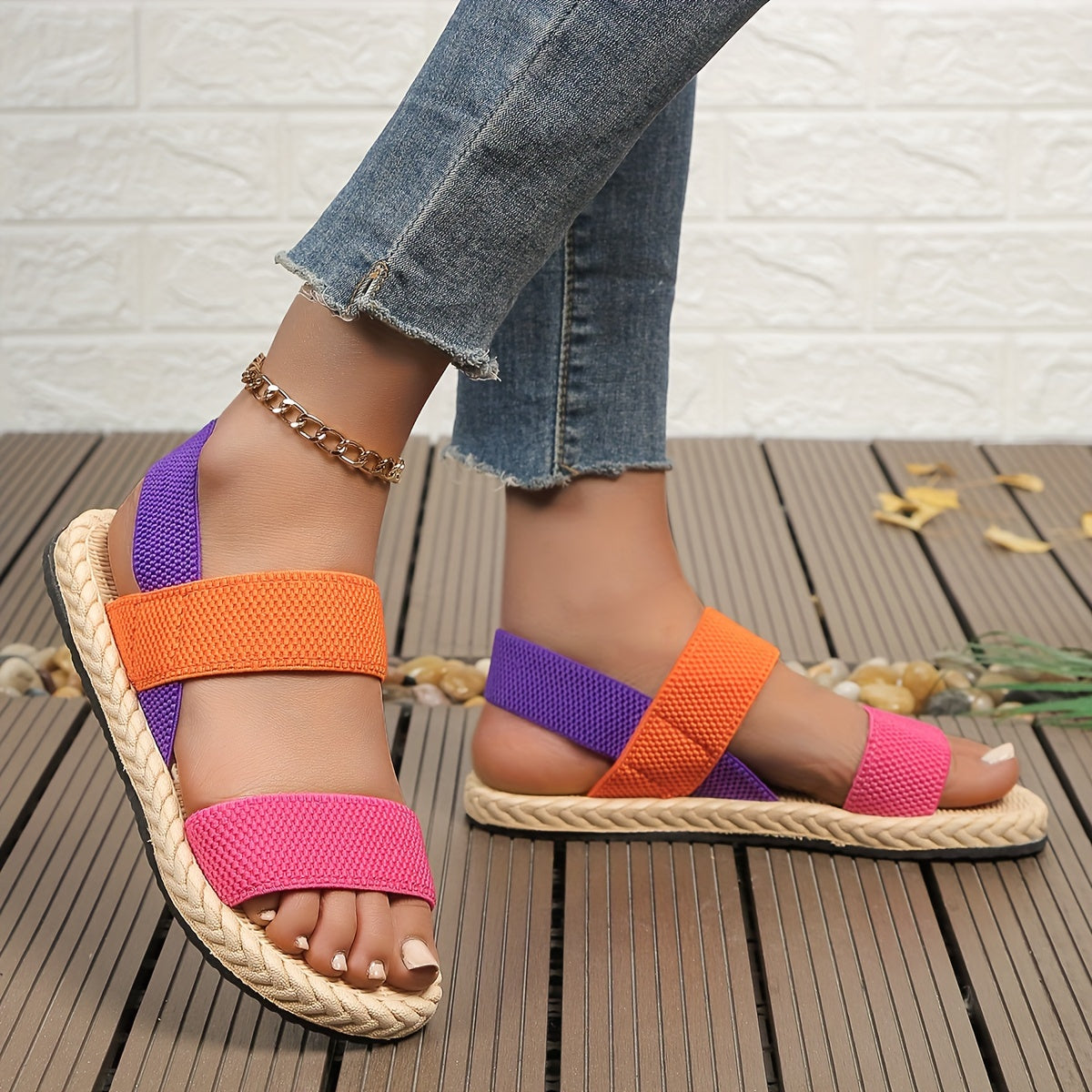 Women's Colorblock Flat Sandals, Casual Open Toe Summer Shoes, Lightweight Ankle Strap Sandals