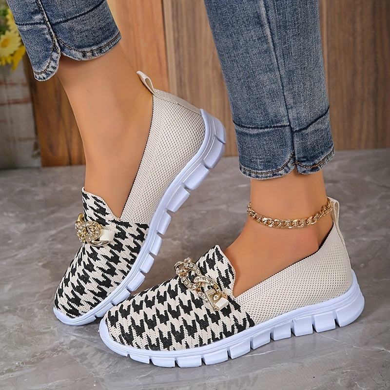 Women's Houndstooth Sock Shoes, Chain Decor Knitted Low Top Slip On Sneakers, Casual Breathable Walking Shoes