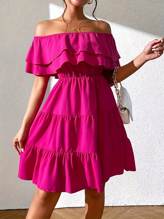 Solid Off Shoulder Dress, Elegant Tiered Ruffle Hem Dress, Women's Clothing