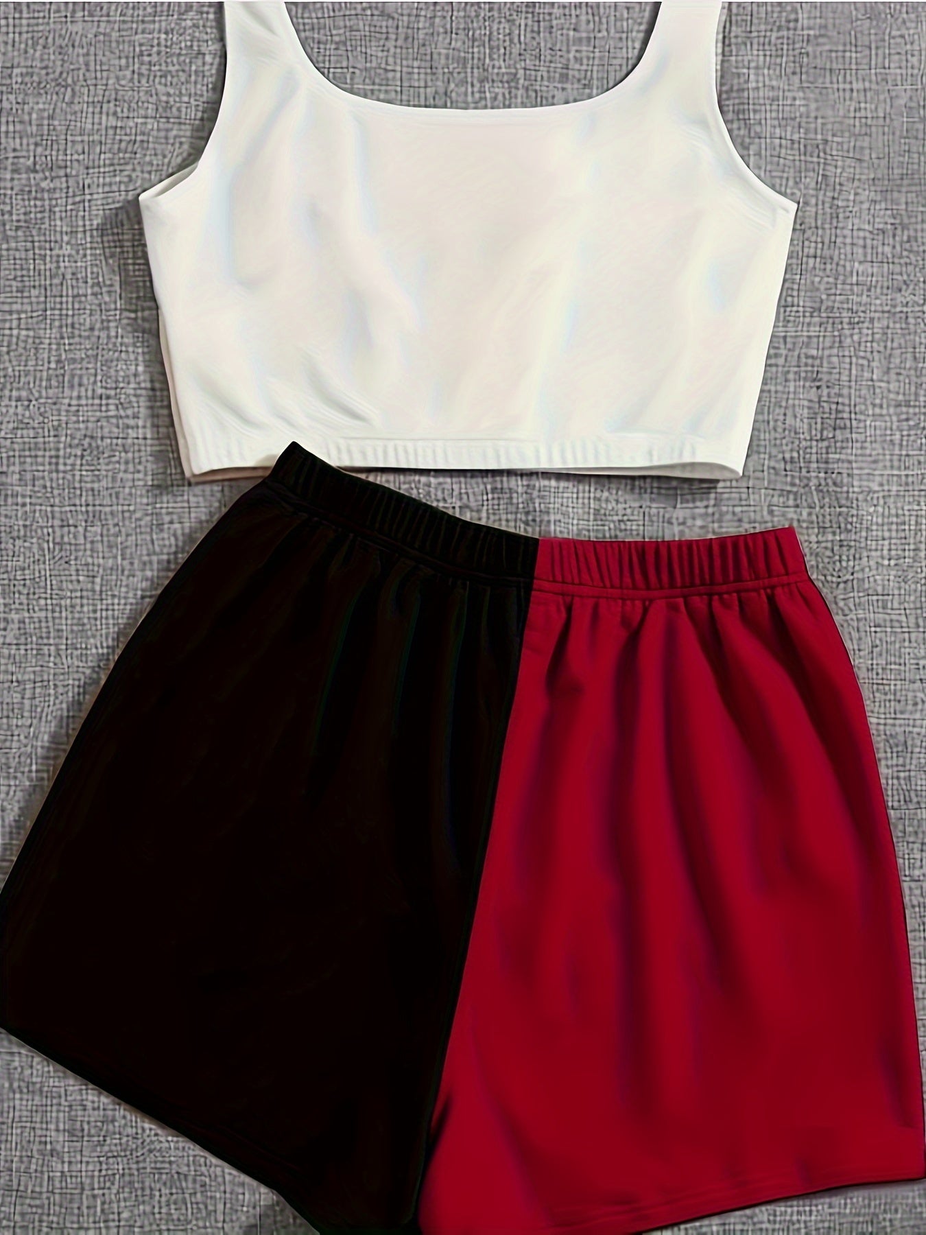 Color Block Casual Two-piece Set, Sleeveless Crop Tank Top & Elastic Waist Shorts Outfits, Women's Clothing