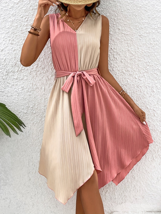 Color Block V Neck Belted Dress, Elegant Sleeveless Asymmetrical Hem Dress For Spring & Summer, Women's Clothing
