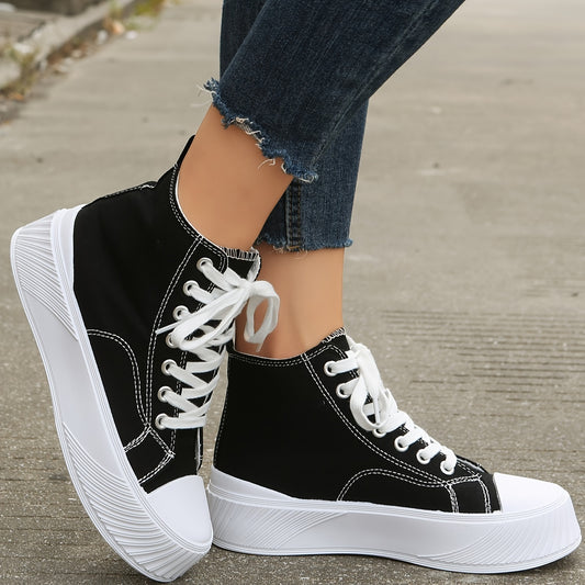 Women's Canvas High-Top Sneakers, Round Toe Lace-Up Platform Casual Shoes, Solid Colo Breathable Shoes