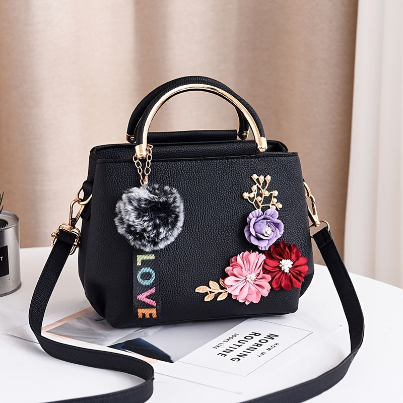 3D Flower Decor Handbag, Women's PU Leather Crossbody Bag, Small Top Handle Purse