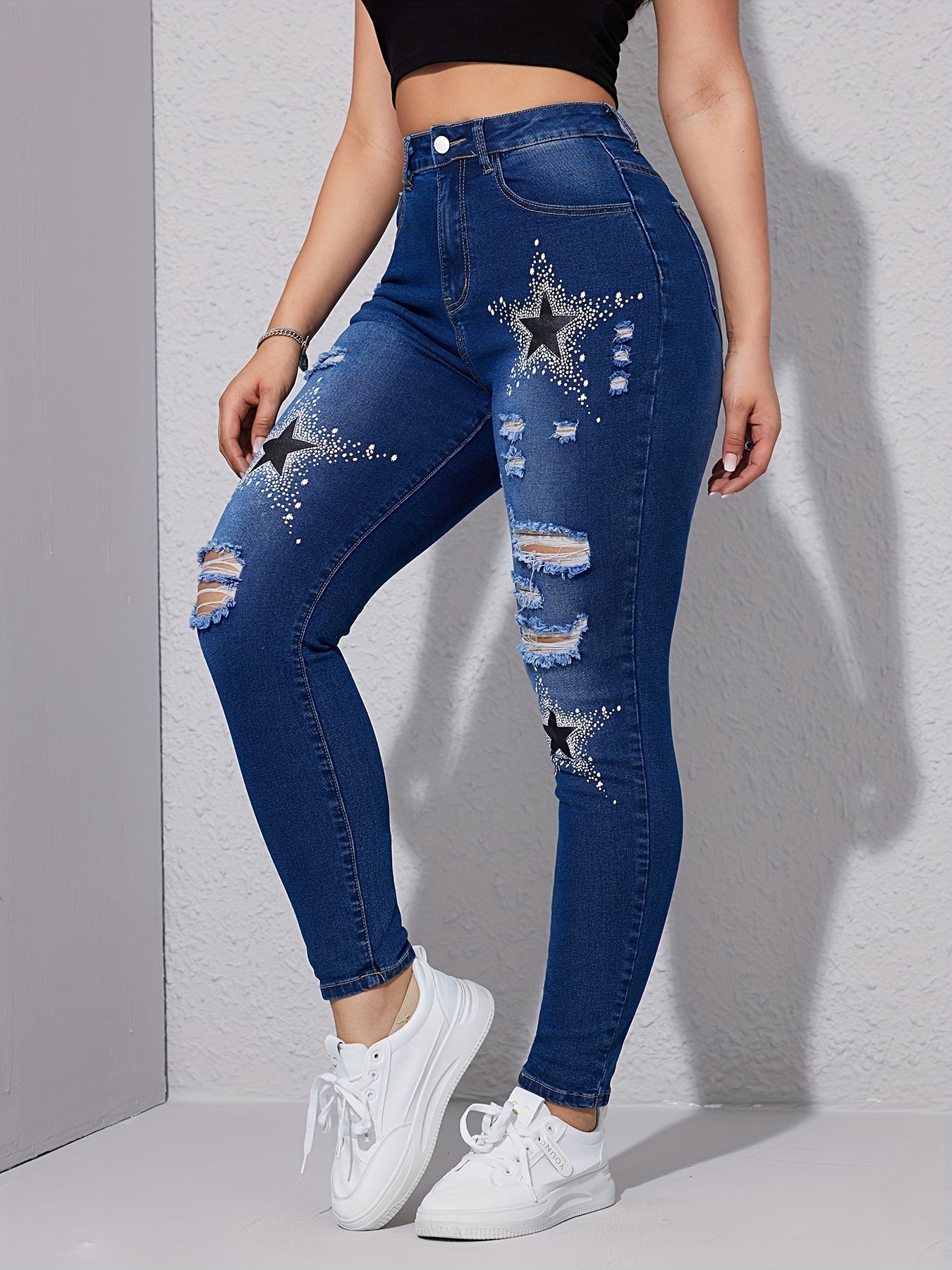 Star Pattern Ripped Holes Skinny Jeans, Stretchy Streetwear Denim Pants, Women's Denim Jeans & Clothing - Perfect For Carnaval Music Festival