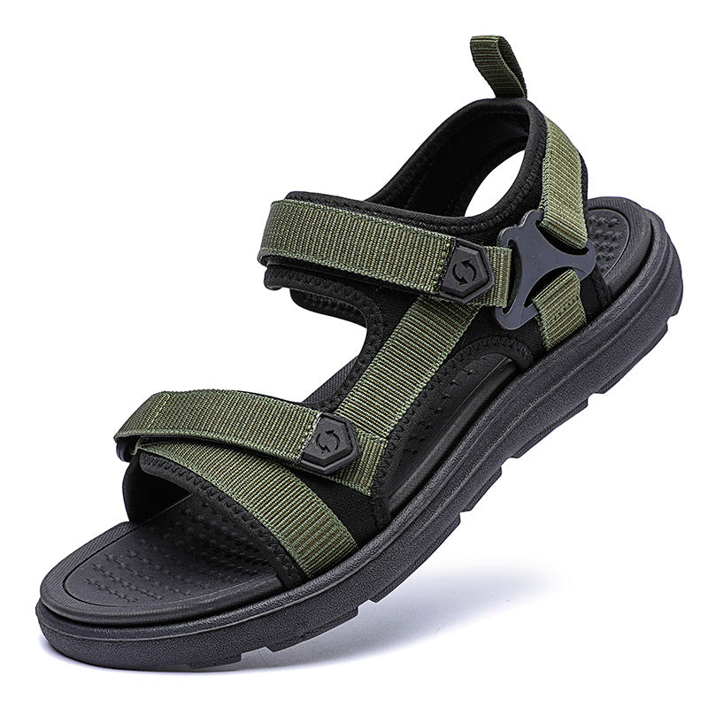 Green and black sandal on a white background
