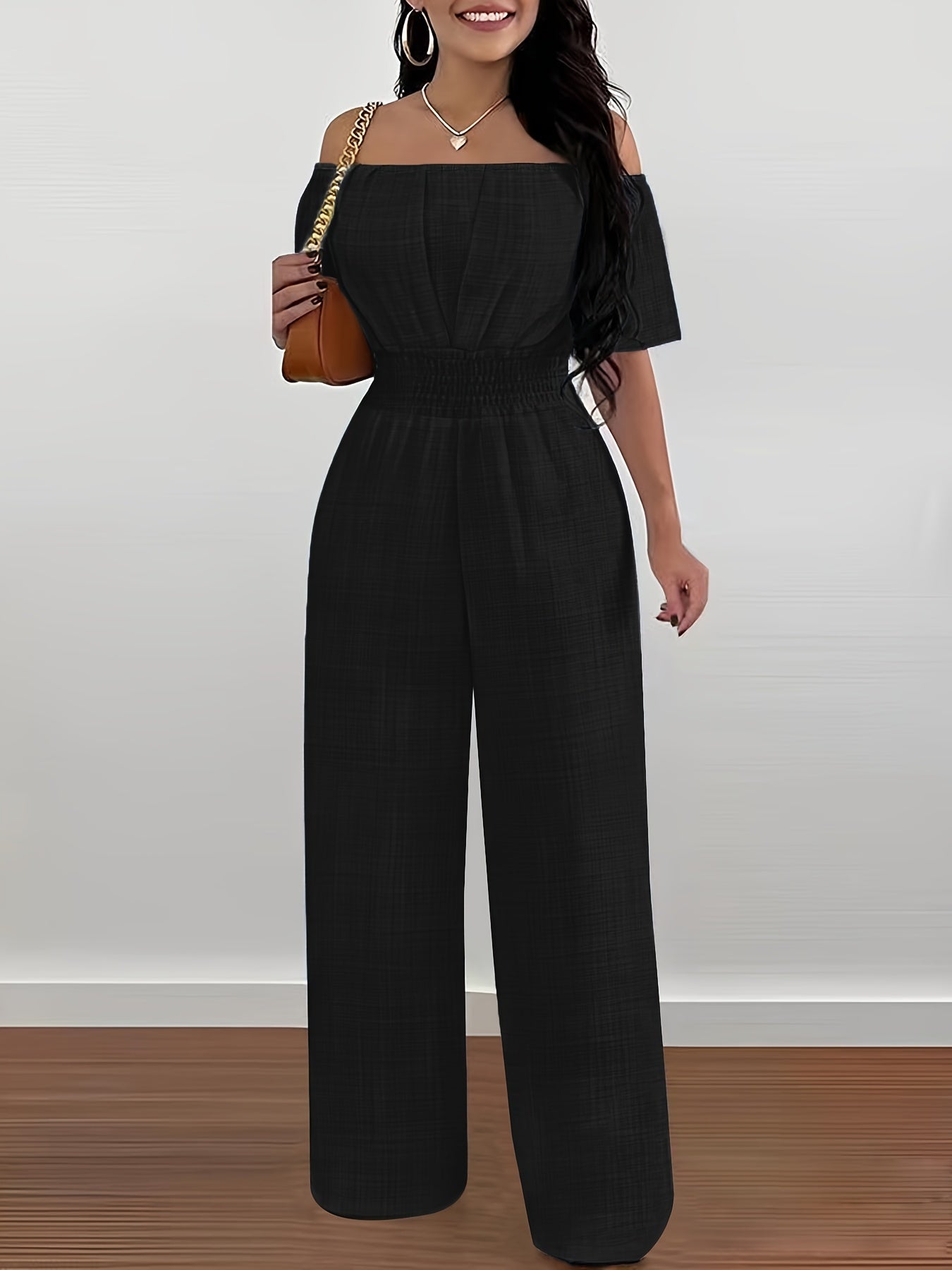 Off Shoulder Wide Leg Jumpsuit, Casual Short Sleeve Jumpsuit For Spring & Summer, Women's Clothing