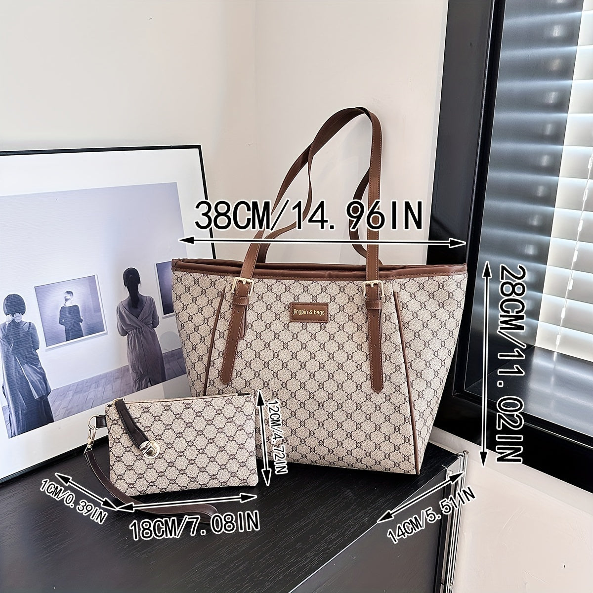 Classic Minimalist Tote Bag Set : Textured Trendy Tote Shoulder Bag With Geometric Pattern With Clutch Mini Pouch For Women's Daily Commuting