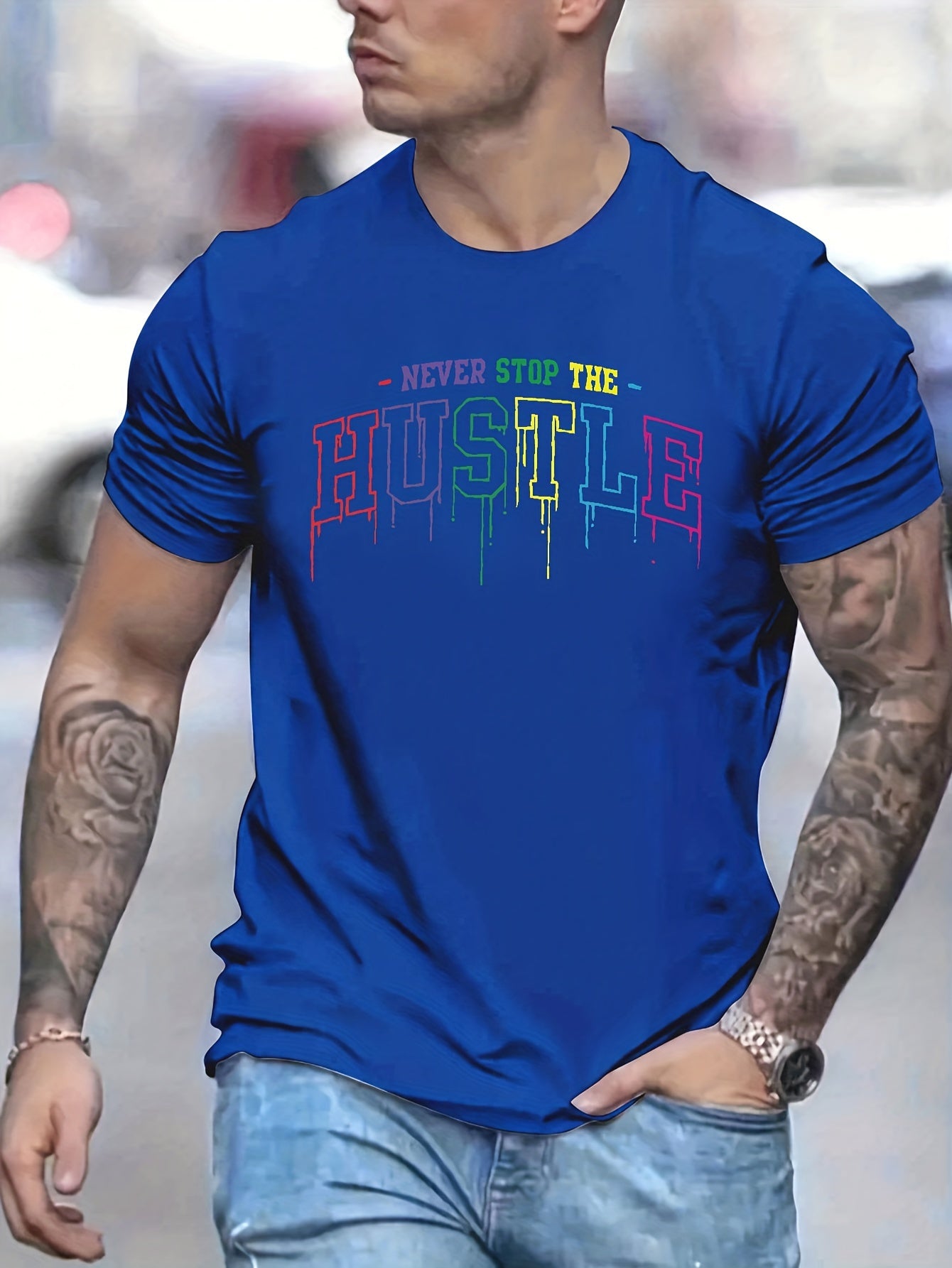 Hustle Print, Men's Graphic Design Crew Neck Niche T-shirt, Casual Comfy Tees Tshirts For Summer, Men's Clothing Tops For Daily Vacation Resorts