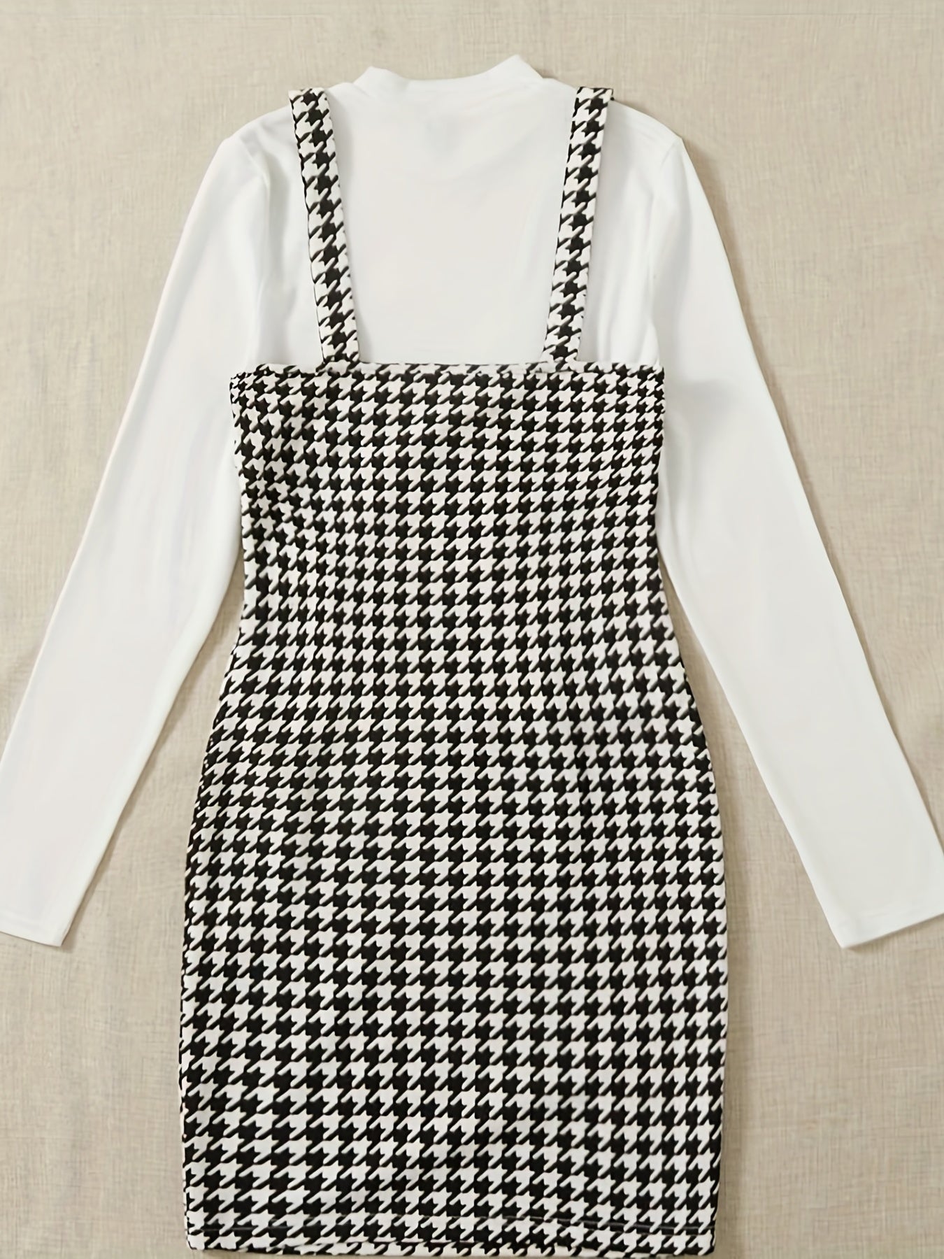 Simple Elegant Two-piece Set, Solid Long Sleeve Tops & Houndstooth Print Overall Dress Outfits, Women's Clothing