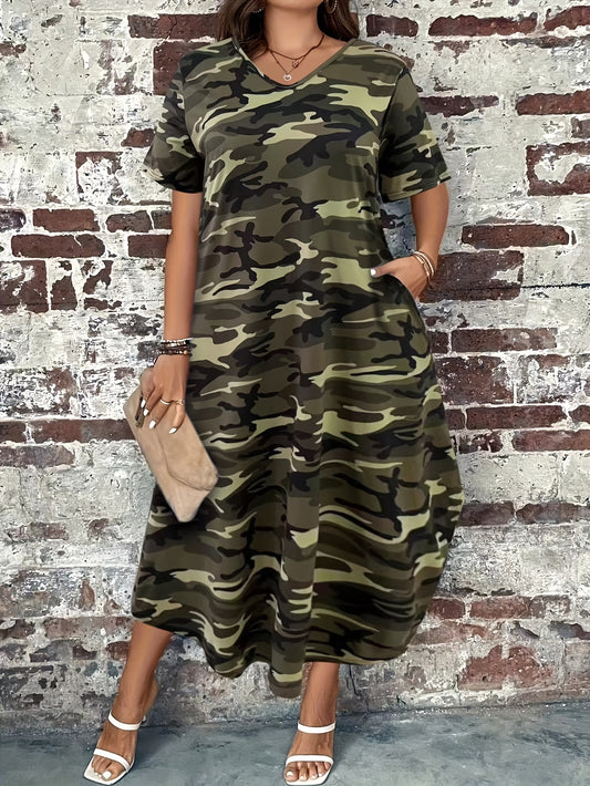 Plus Size Camo Print Dress, Casual Crew Neck Short Sleeve Dress For Spring & Summer, Women's Plus Size Clothing