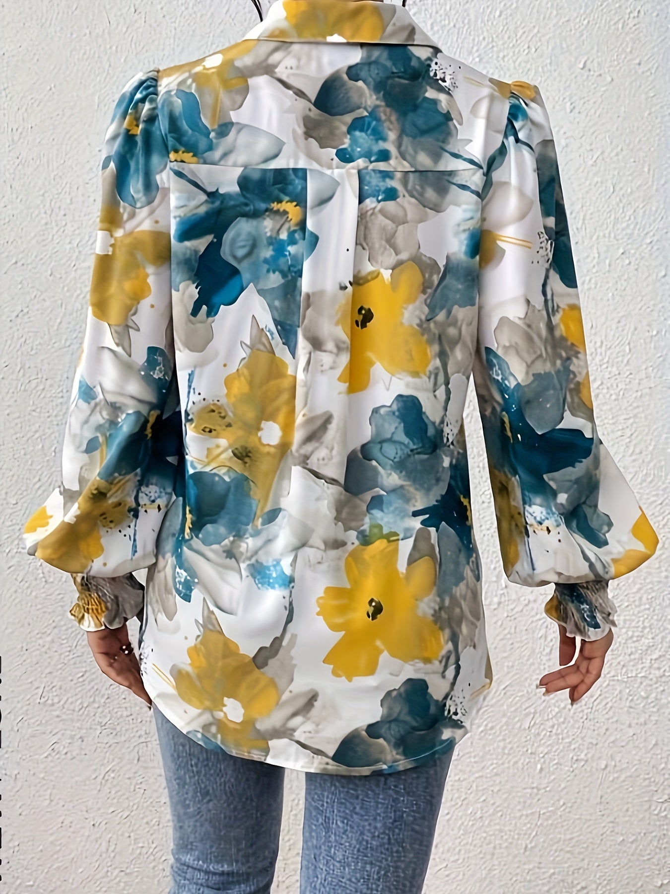 Floral Print Button Front Shirt, Elegant Lapel Neck Shirred Long Sleeve Shirt For Every Day, Women's Clothing