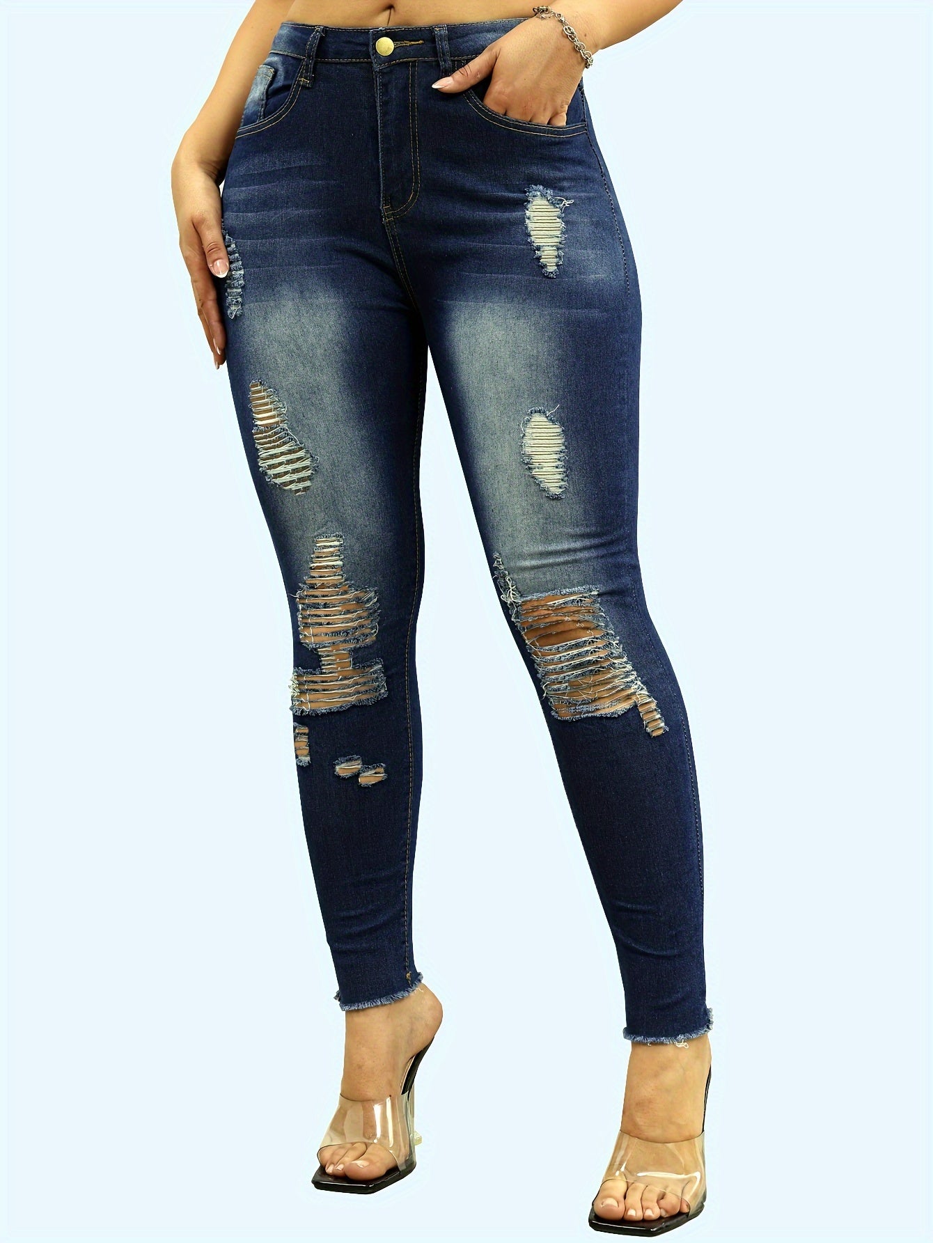 Ripped Holes Washed Skinny Jeans, Raw Trim High-stretch Fashion Fitted Denim Pants, Women's Denim Jeans & Clothing