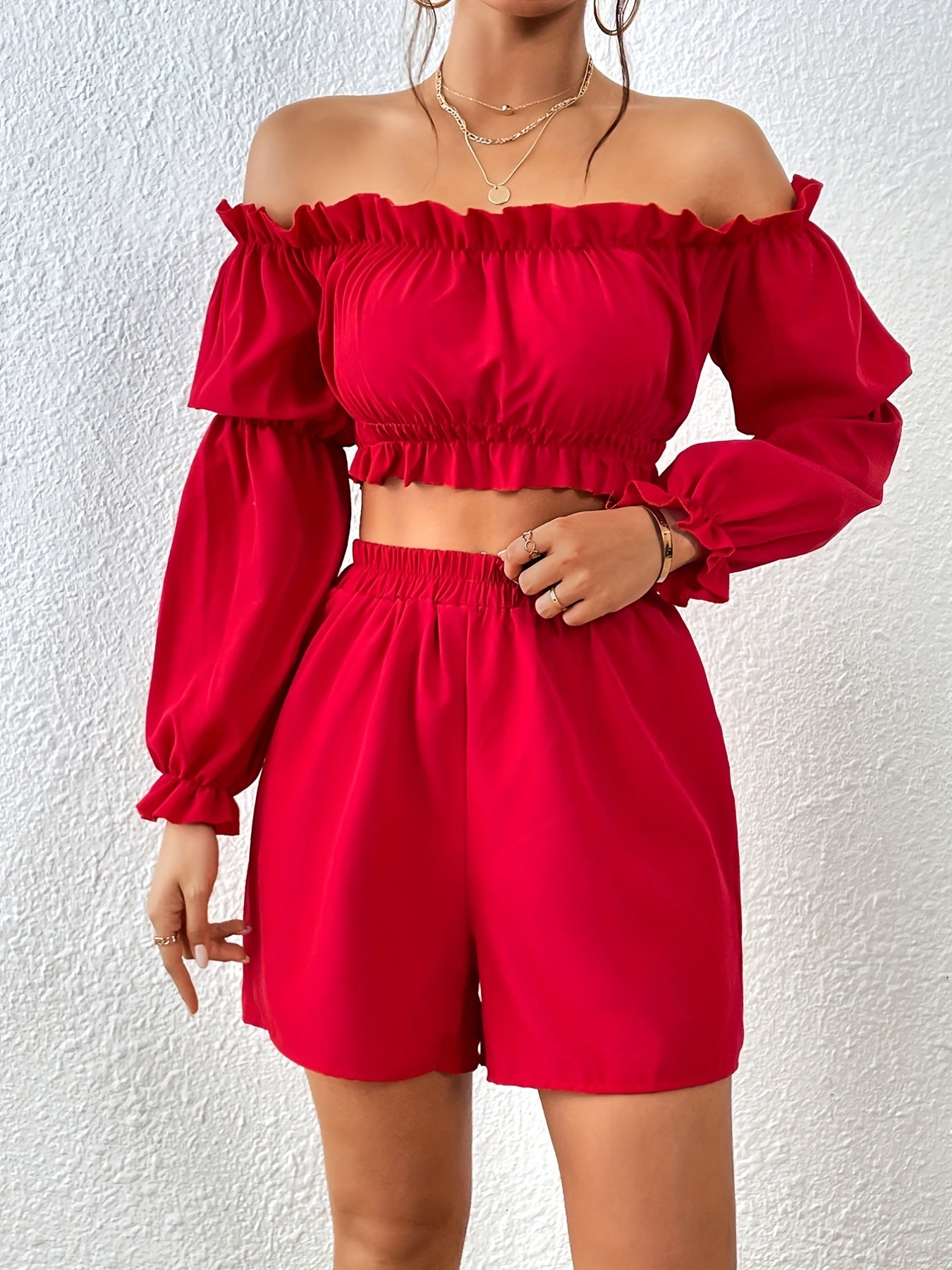 Romantic Solid Two-piece Set, Off Shoulder Crop Top & Elastic High Waist Shorts Outfits, Women's Clothing