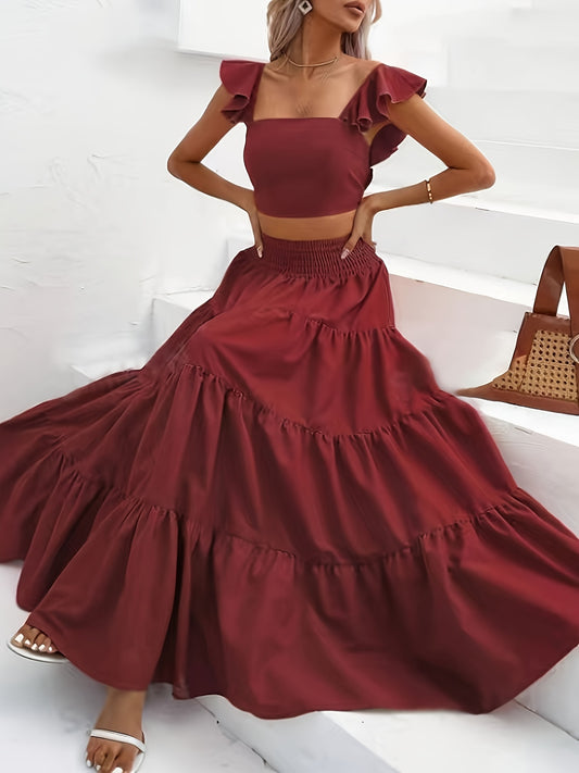 Solid Ruffle Shirred Skirt Suits, Square Neck Flutter Sleeve Backless Crop Top & Elastic High Waist A-line Skirt Outfits, Women's Clothing