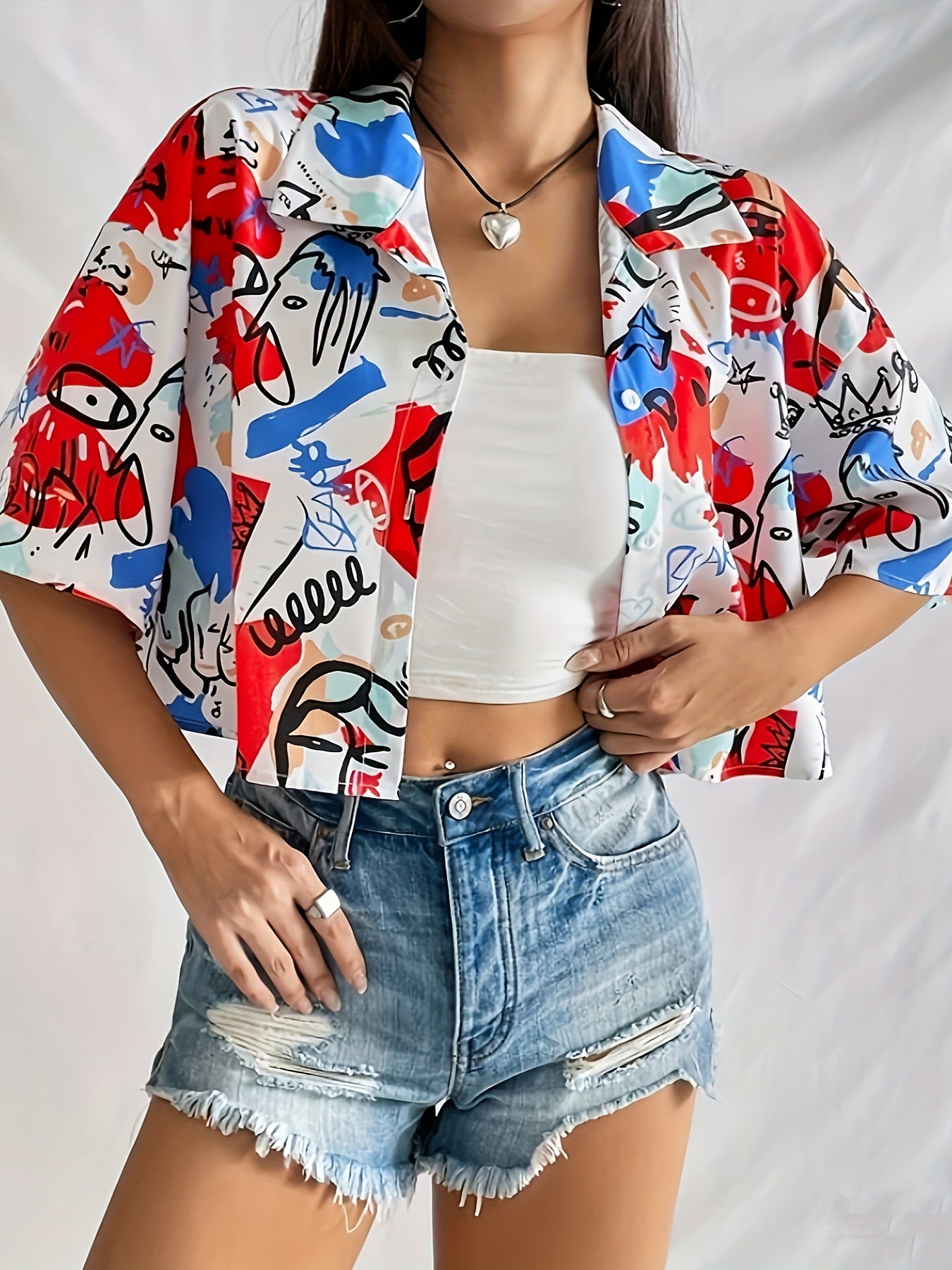 Graphic Print Button Front Shirt, Casual Short Sleeve Crop Shirt, Women's Clothing