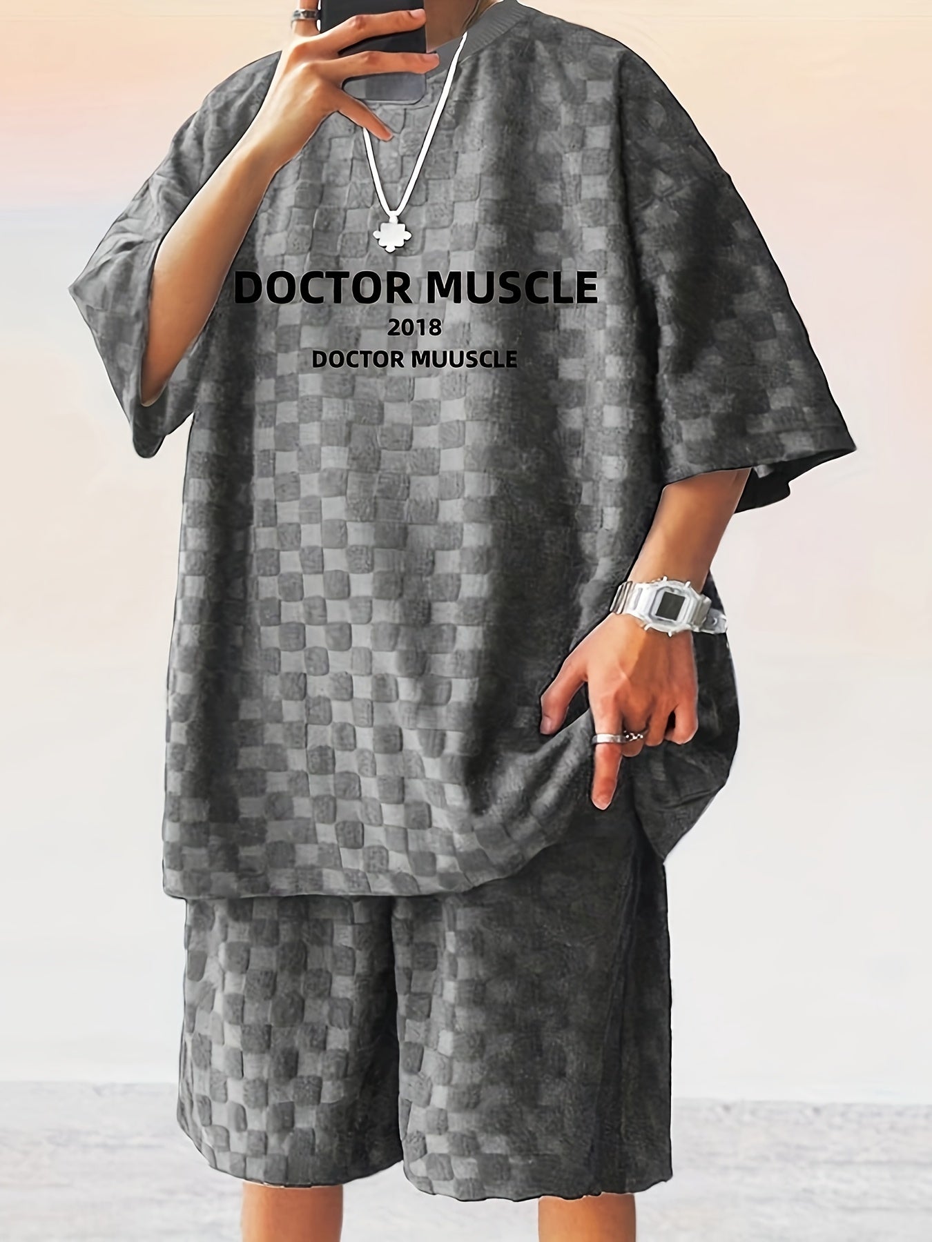 Men's Casual 2pcs Set, Letter Print Waffle Pattern T-shirt + Active Shorts Matching Set For Summer