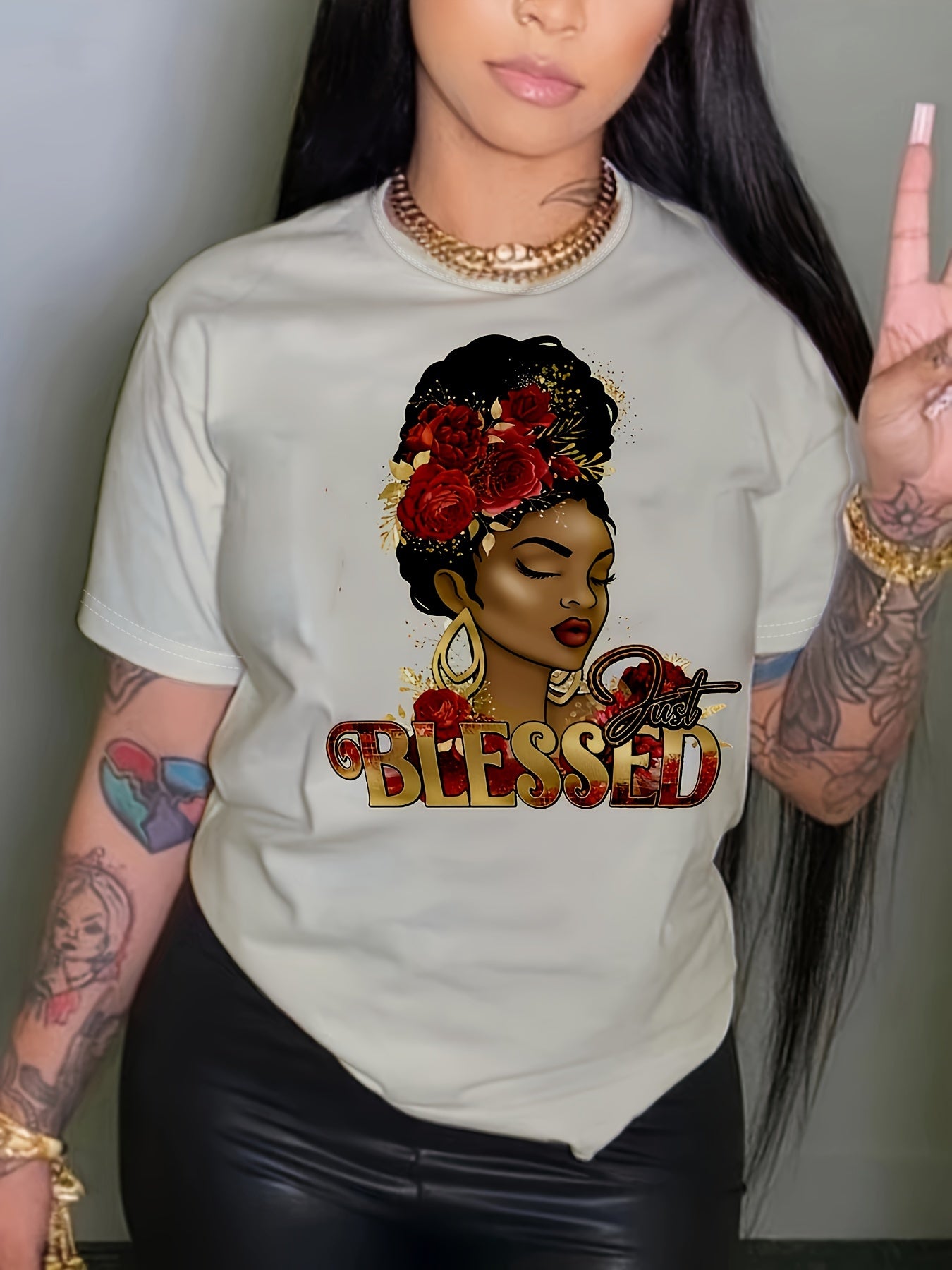 Plus Size Casual T-shirt, Women's Plus Cartoon Figure & Floral & Letter Print Short Sleeve Round Neck Medium Stretch T-shirt