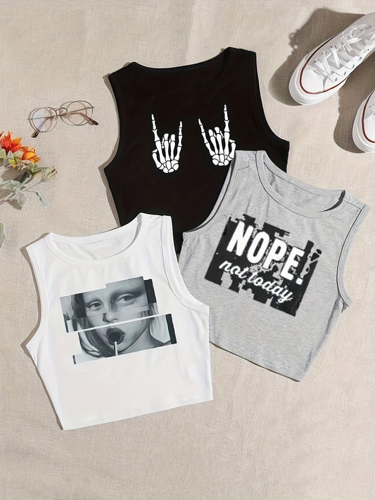 Graphic Print Tank Top 3 Packs, Casual Crew Neck Sleeveless Crop Tank Top For Summer, Women's Clothing