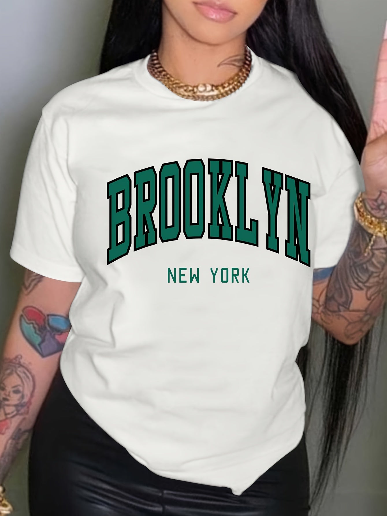 Brooklyn Letter Print Crew Neck T-shirt, Casual Short Sleeve Drop Shoulder Top, Women's Clothing