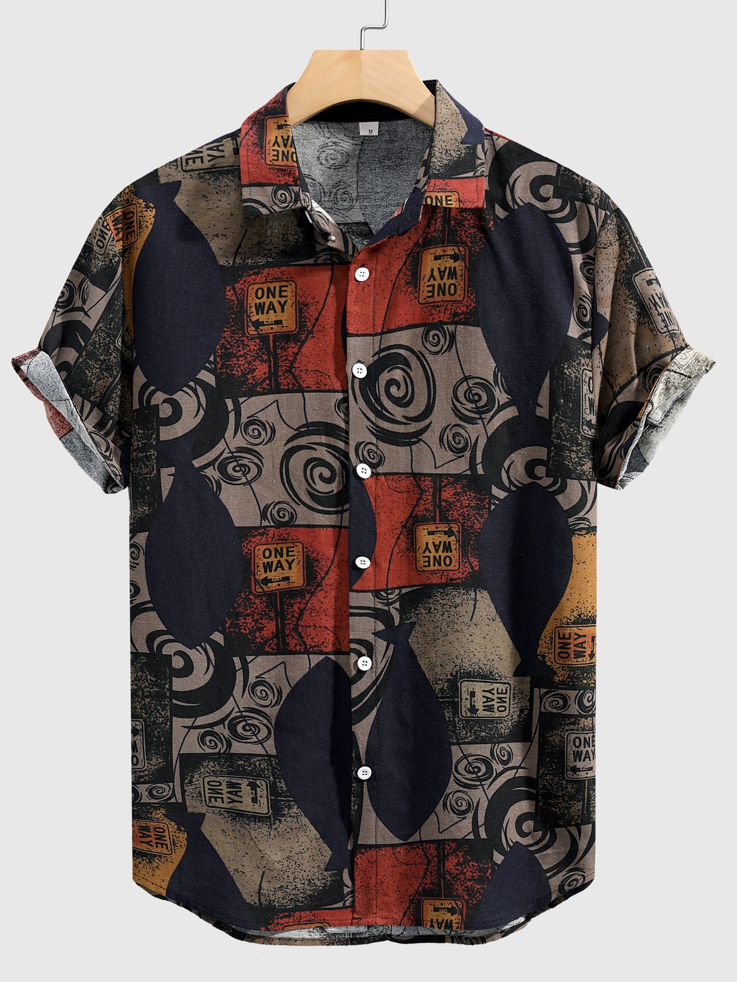 Men's Stylish Loose Cotton Blend Geometric Print Shirt, Casual Breathable Lapel Button Up Short Sleeve Shirt For Summer Outdoor Activities